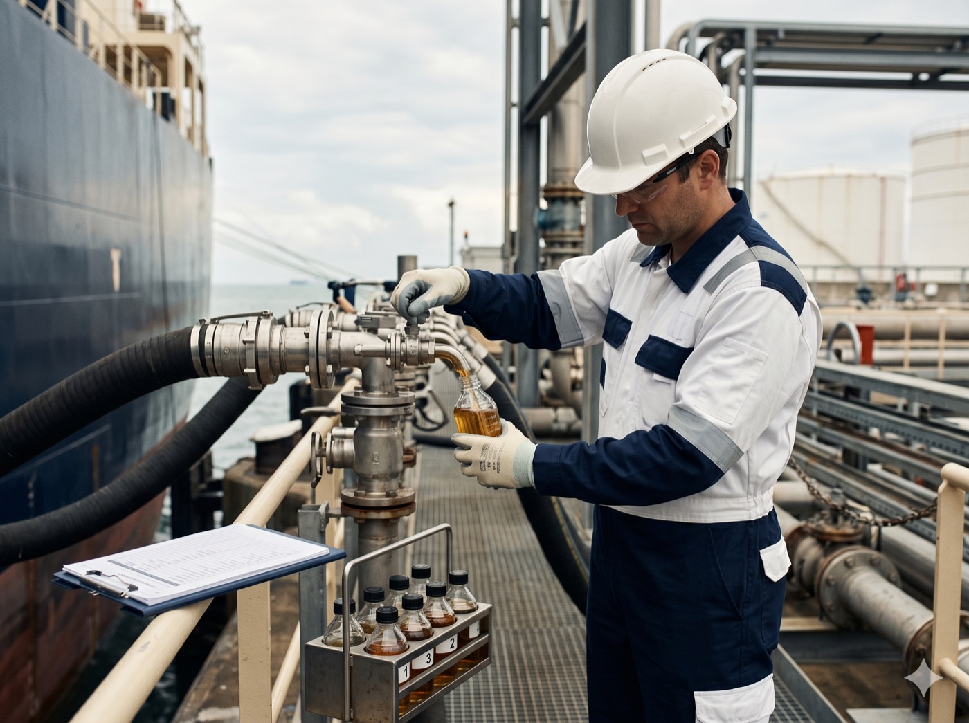 Cargo surveyor in PPE drawing a biodiesel sample from a manifold during tanker loading, numbered sample bottles and inspection checklist alongside